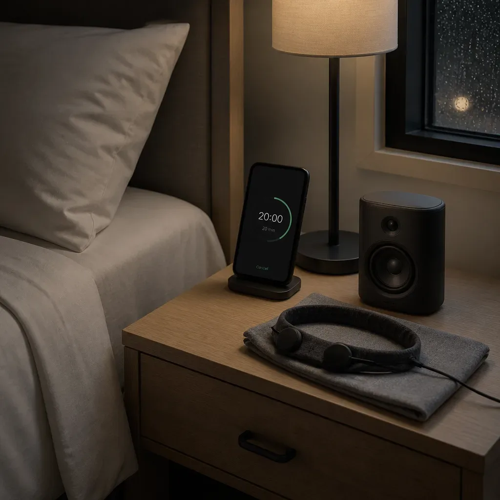 Sleep headphones and speaker on nightstand