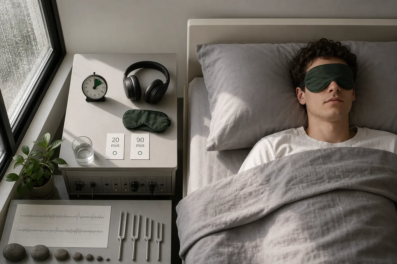 Person resting beside a quiet timer and headphones