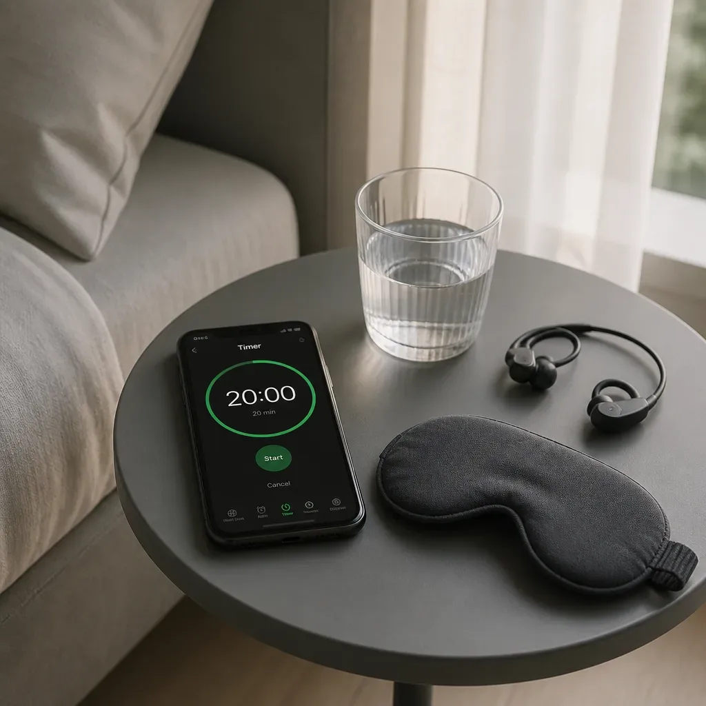 Short nap timer beside water and headphones