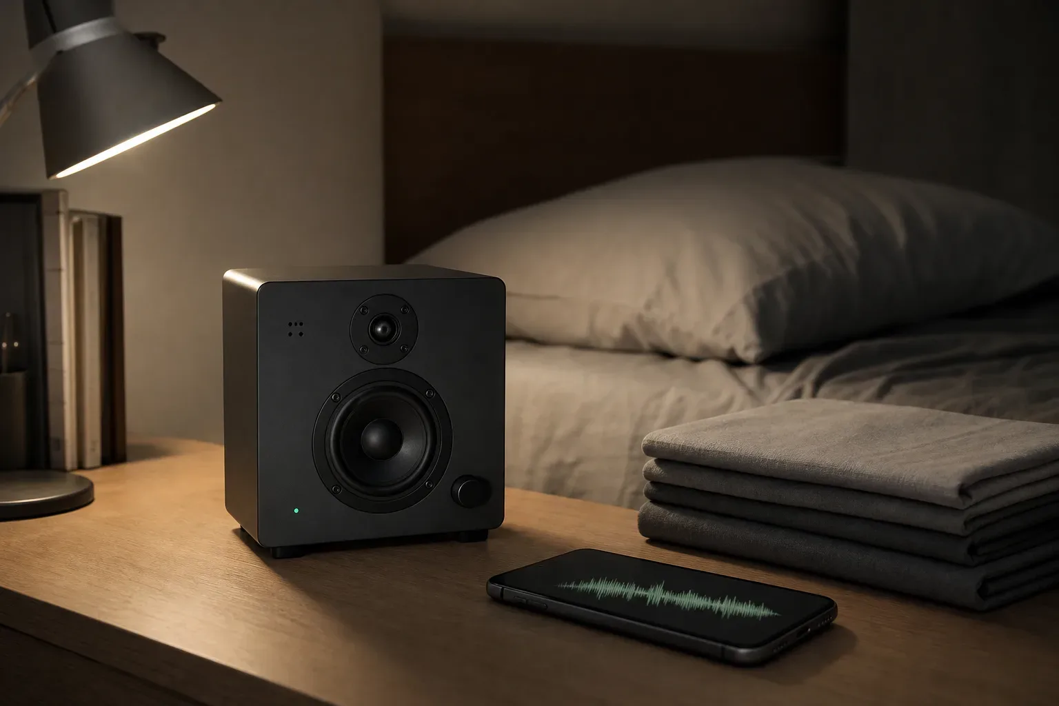 Bedside speaker playing soft sound beside folded linen