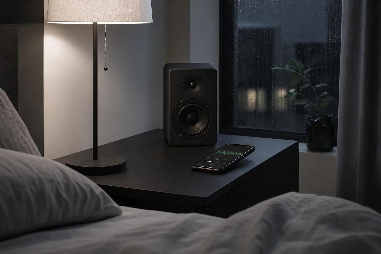 Speaker di samping tempat tidur memutar pink noise di bawah audio suara