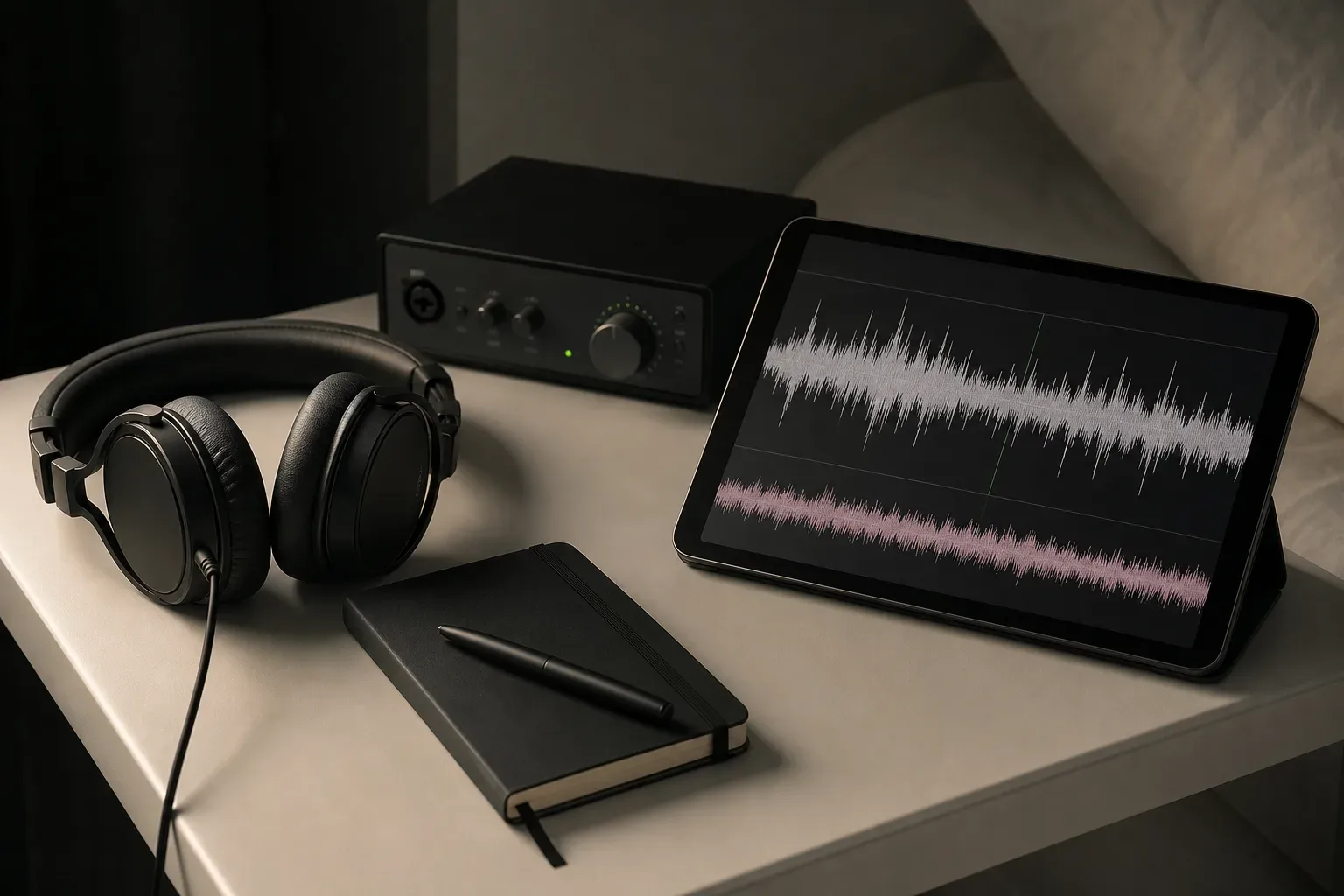Headphones beside a notebook and soft waveform display