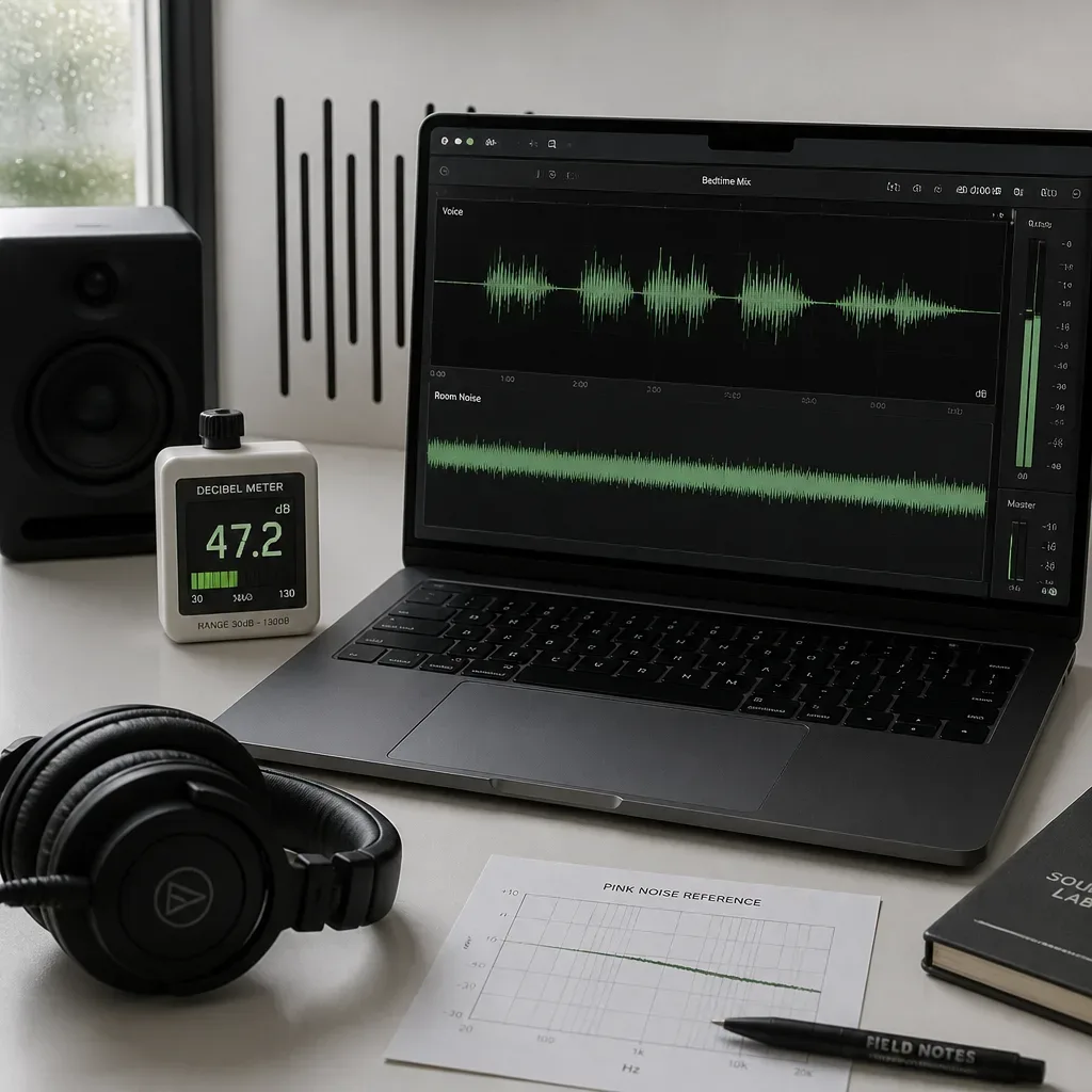Voice and pink noise tracks balanced in audio software