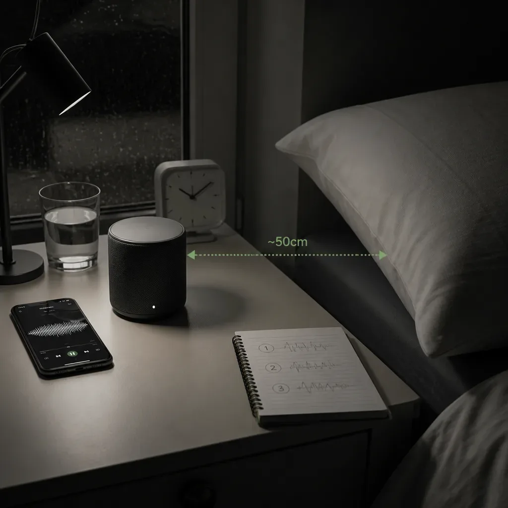 Bedside speaker set away from pillow for testing