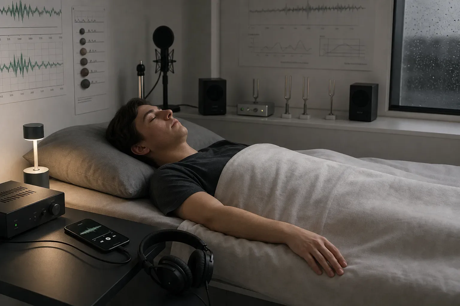 Person resting with headphones in a dim quiet room