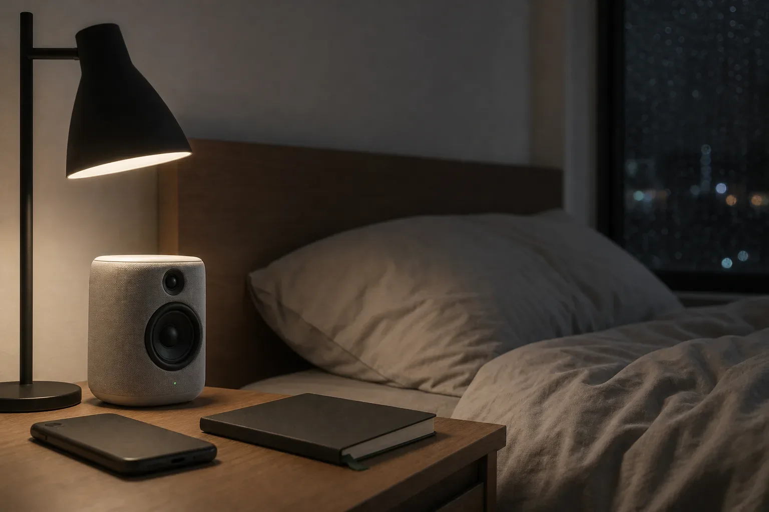 Bedside speaker playing softly beside a dim lamp