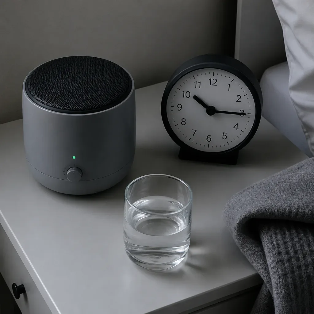 Soft speaker cue beside an analog bedside clock