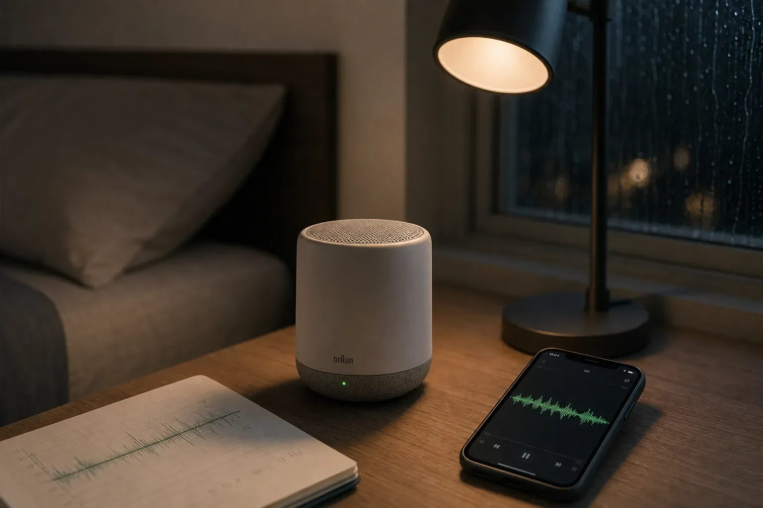 Bedside speaker playing quiet rain beneath spoken audio