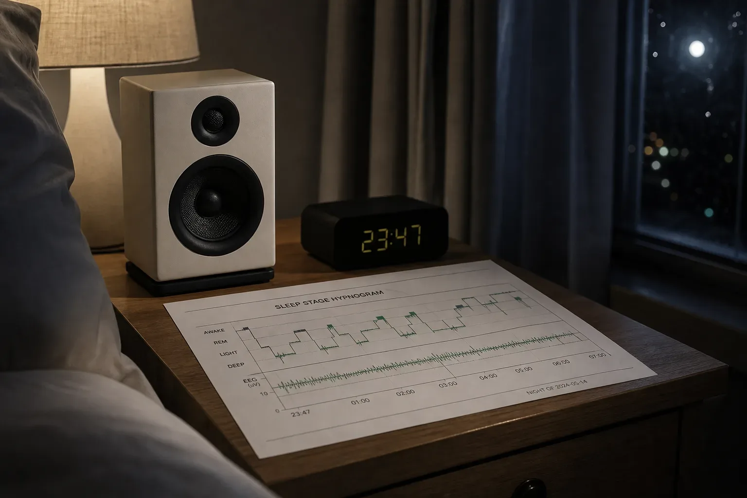 Bedside speaker beside a dim sleep stage chart