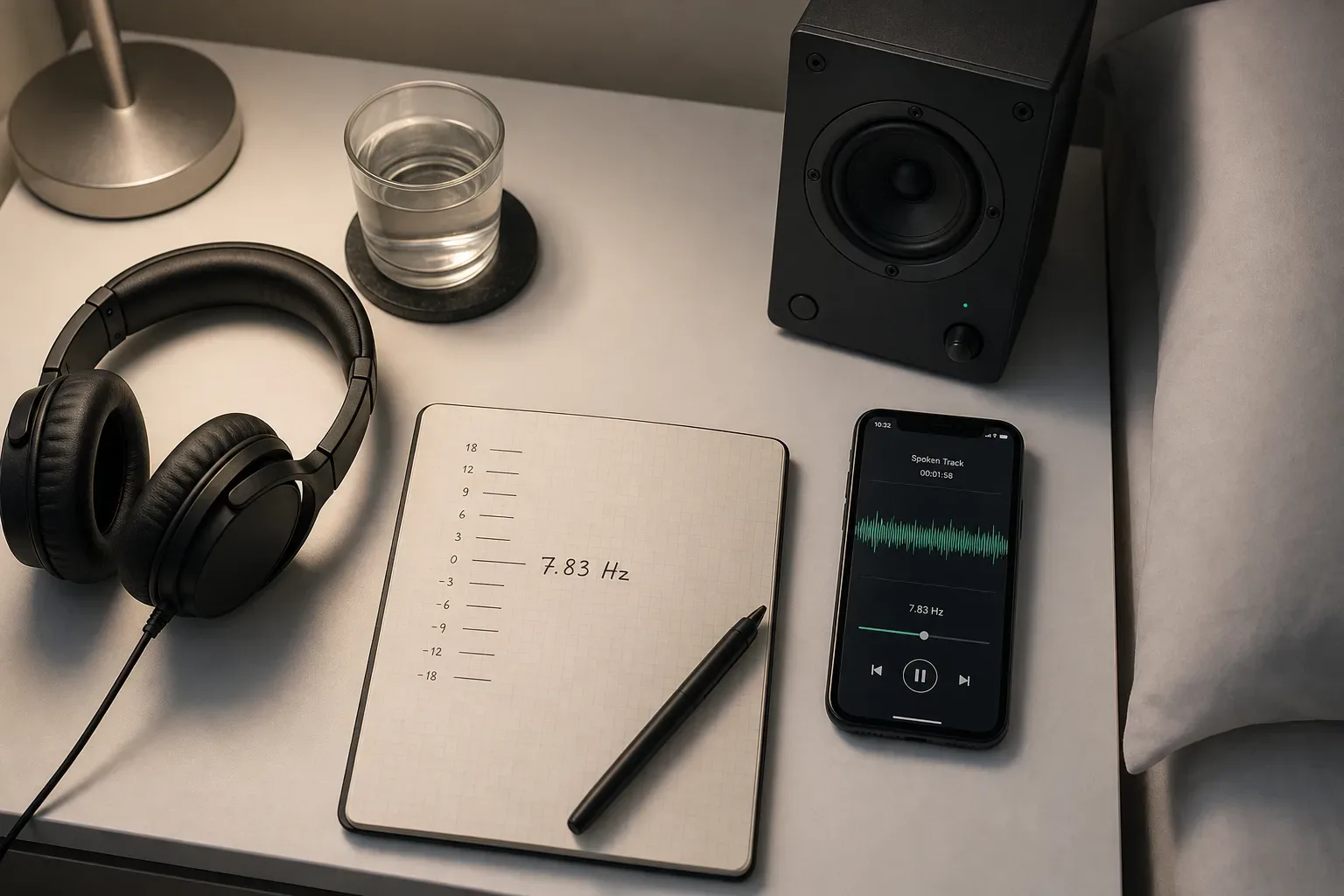 Quiet audio desk with frequency display and headphones