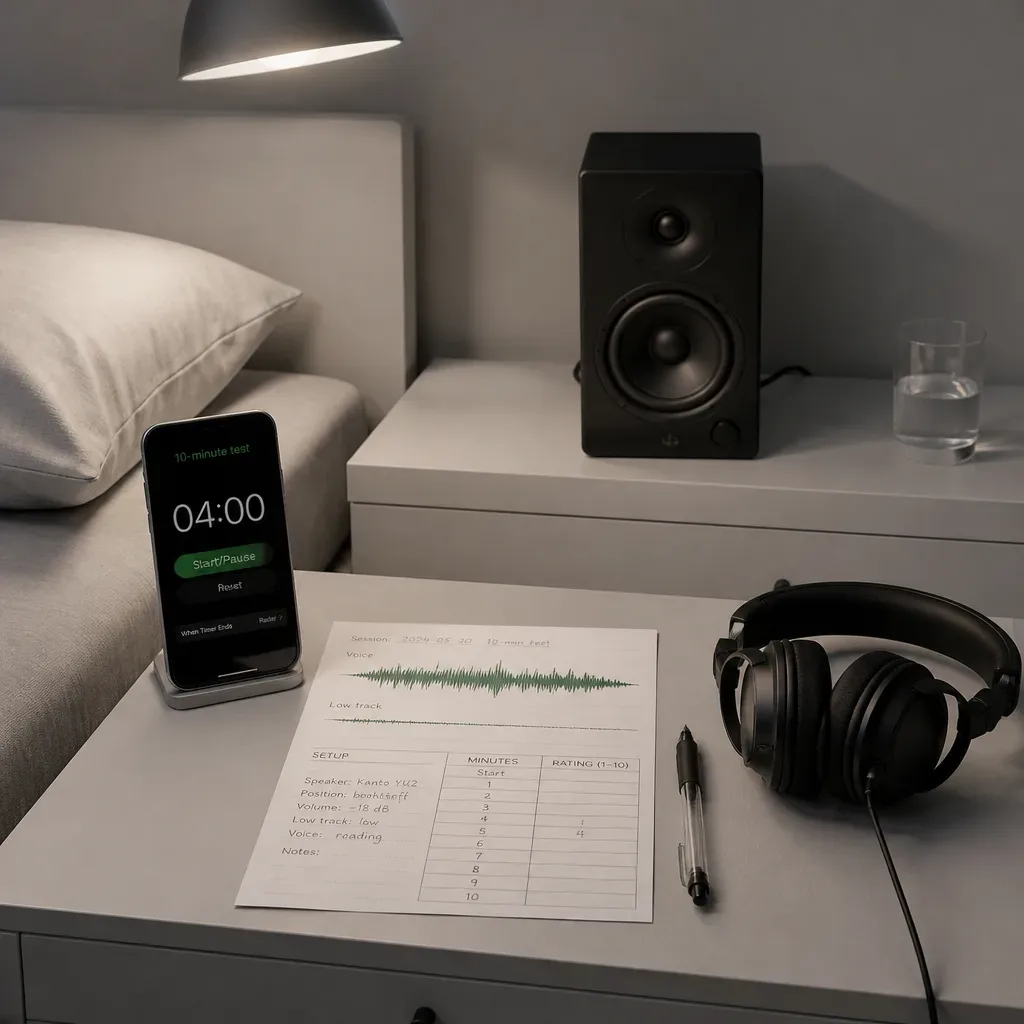 Bedside audio setup with timer and listening log