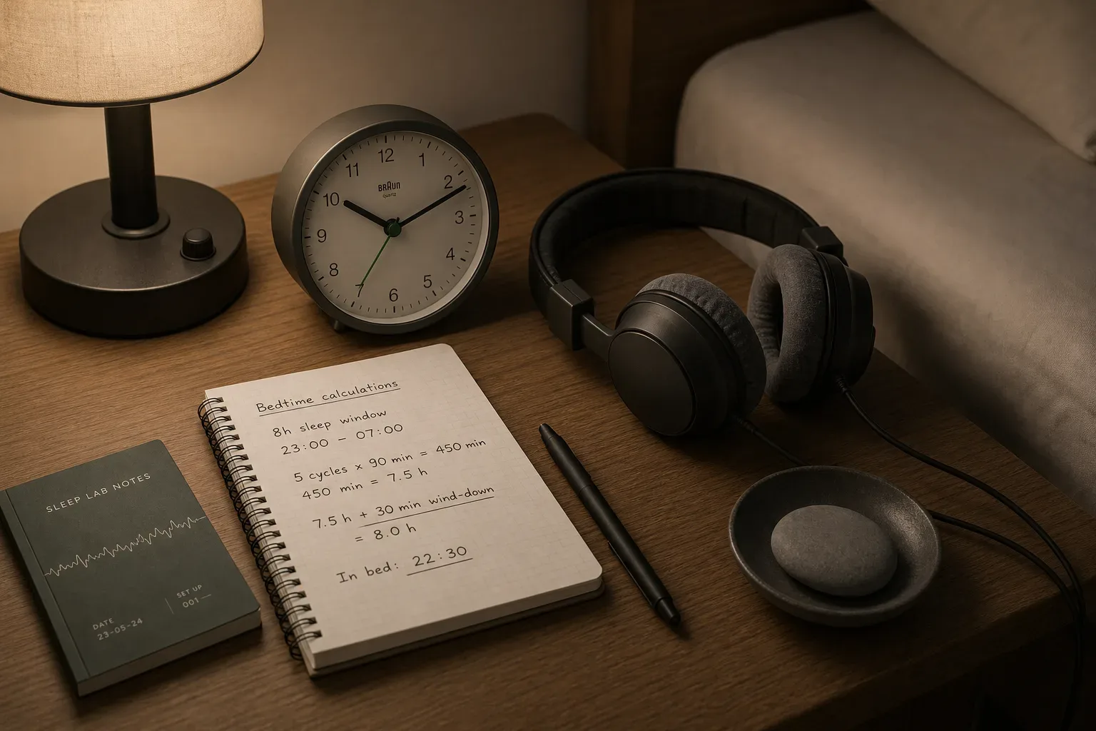 Bedside clock, headphones, and quiet sleep notes