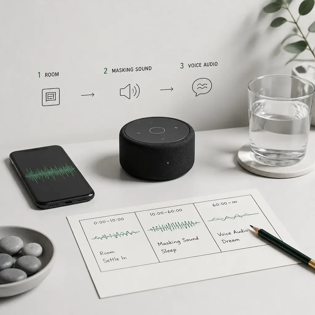 Bedtime audio sequence arranged on a quiet table