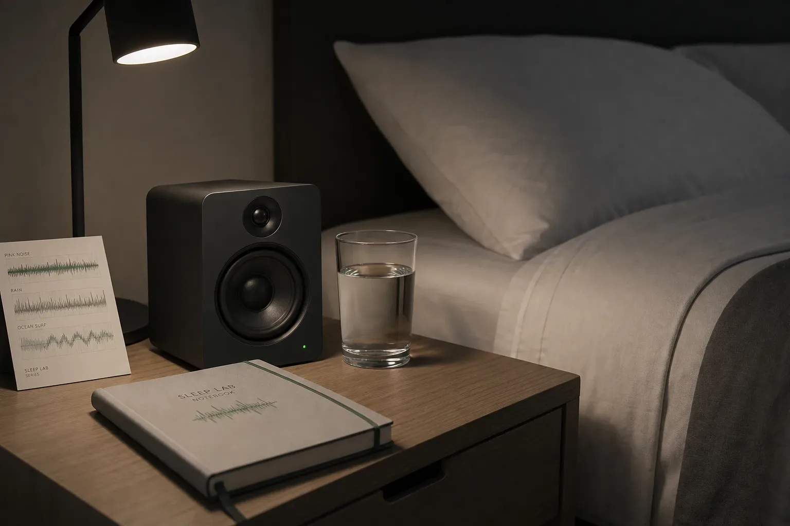 Dim bedroom speaker beside a sleep notebook