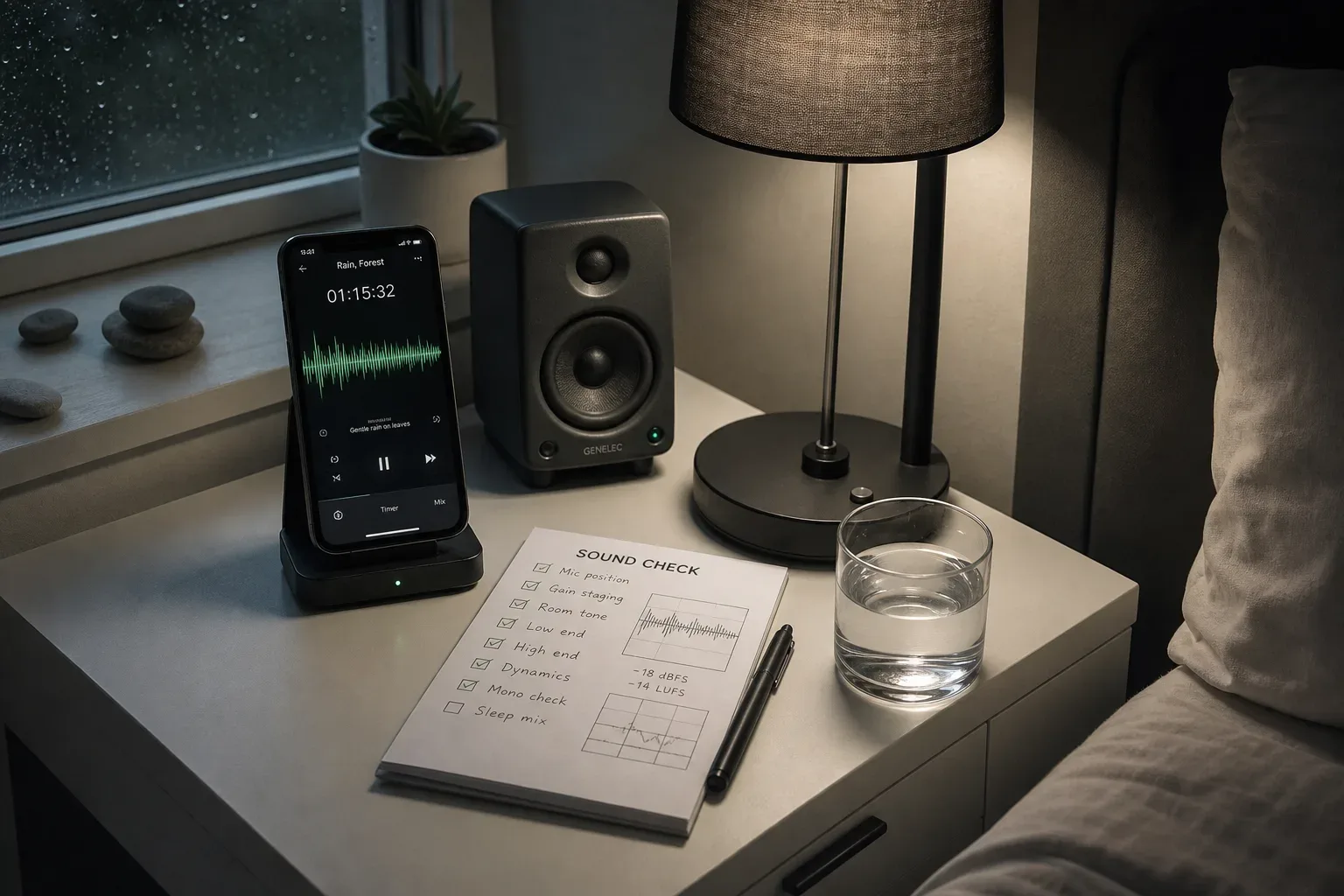 Bedside audio setup with dim lamp and notebook