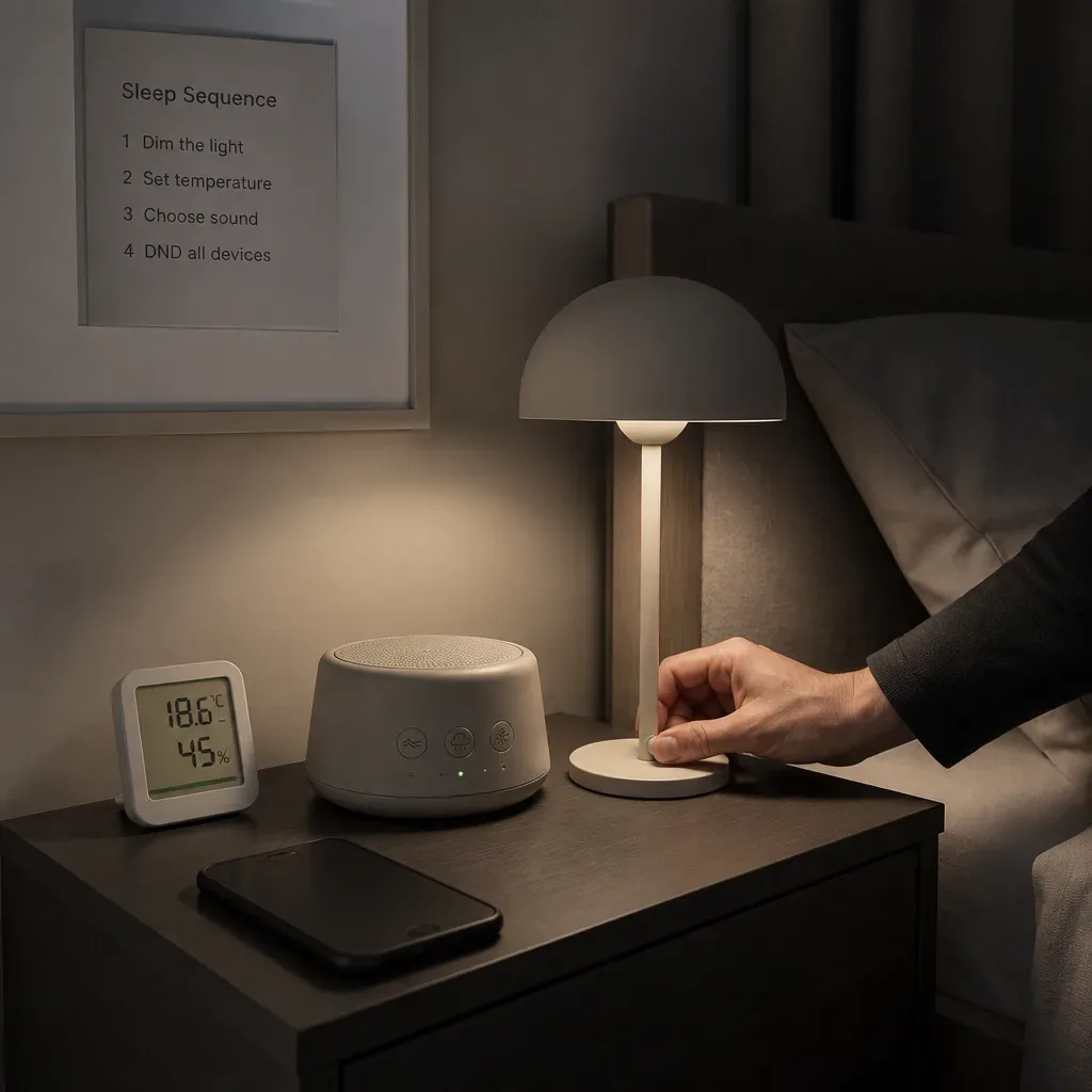 Hand dimming bedside lamp near sound machine