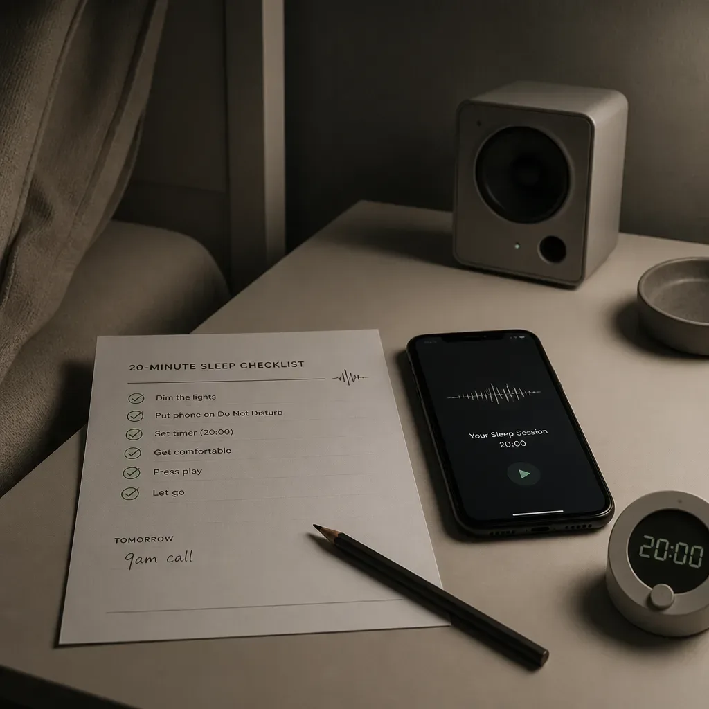 Checklist beside phone prepared for sleep audio