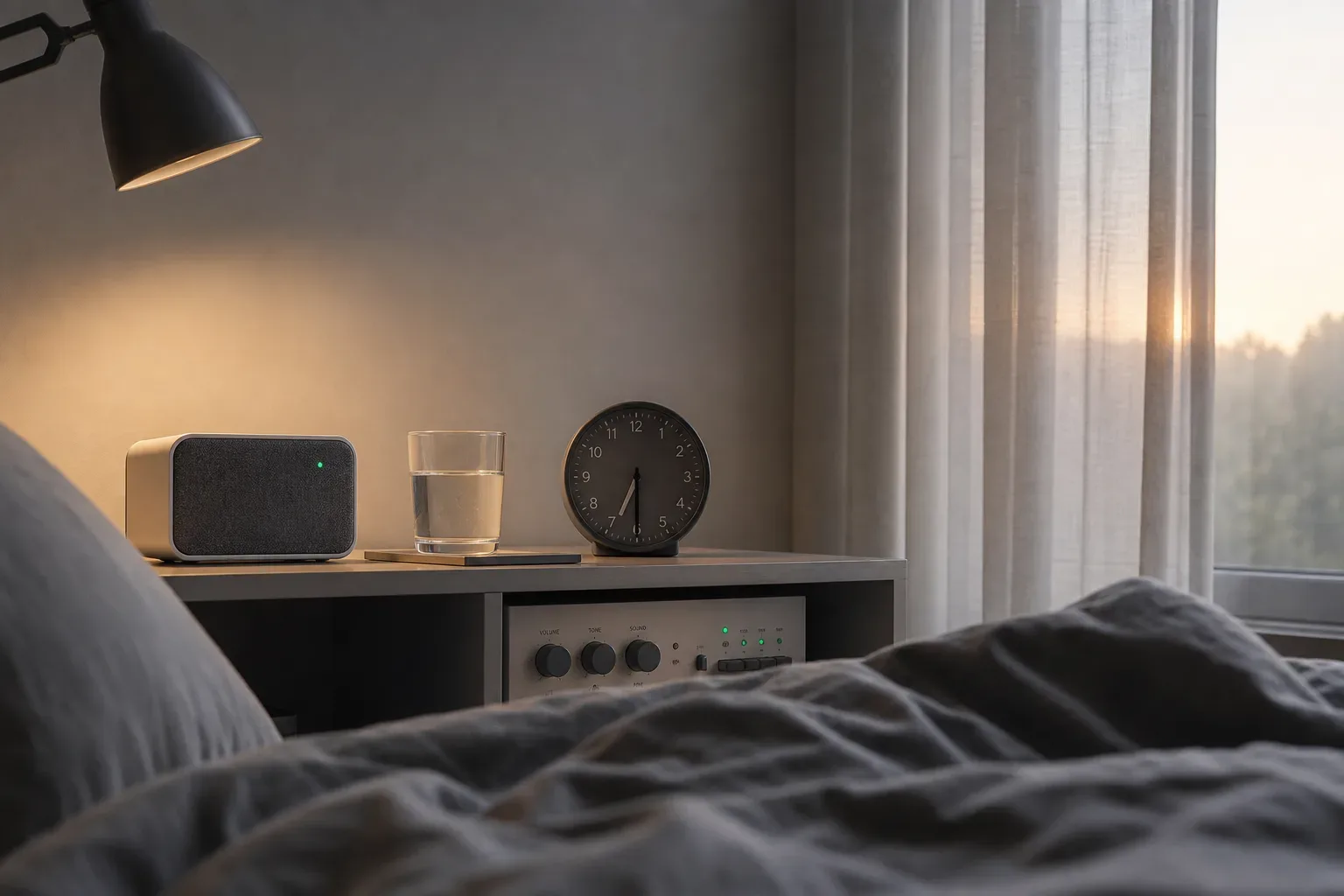 Gedämpfter Lautsprecher am Bett neben einem Wecker im Morgengrauen