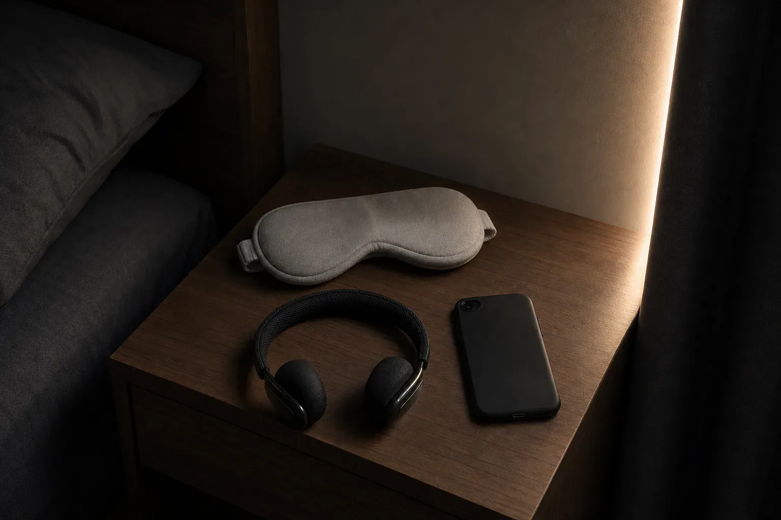 Sleep mask and headphones on a quiet bedside table