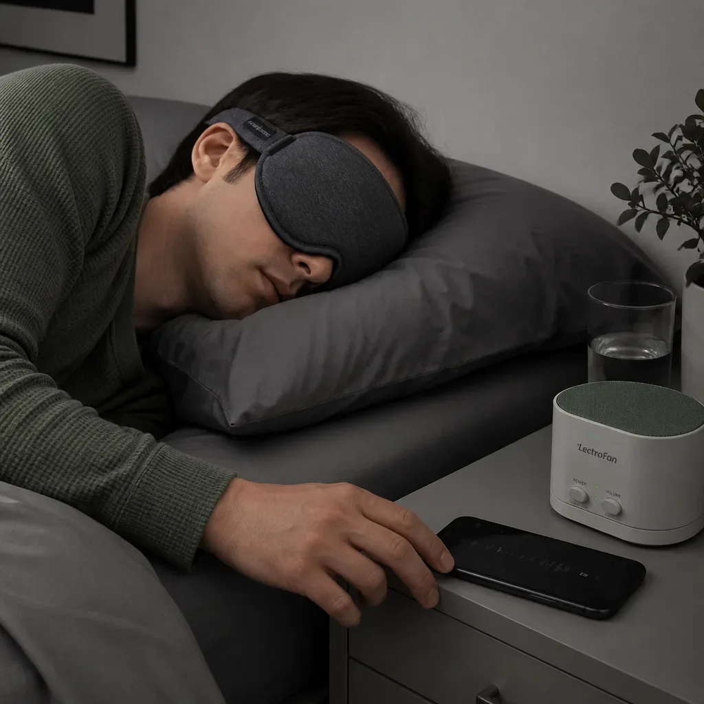 Person wearing sleep mask and soft audio headband