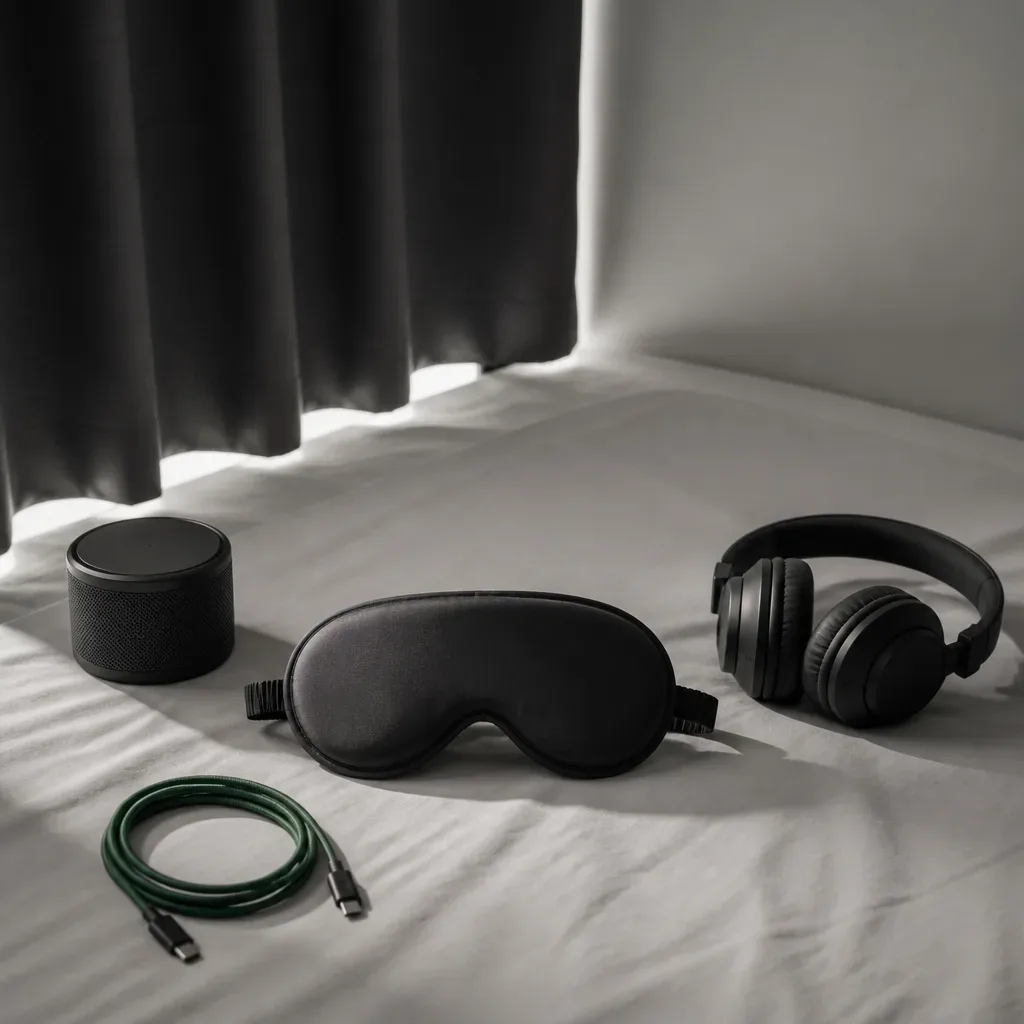 Sleep mask beside headphones and bedside speaker
