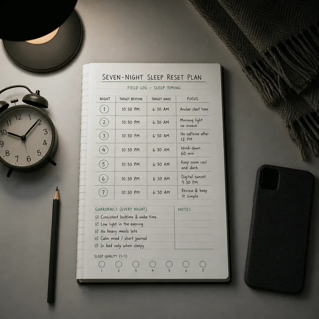 Caderno mostrando um plano de ajuste do sono de sete noites
