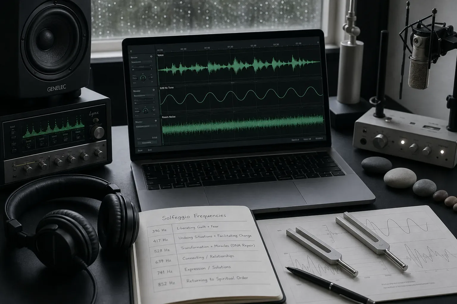 Rétegzett audio munkaállomás frekvenciatáblázattal és fejhallgatóval