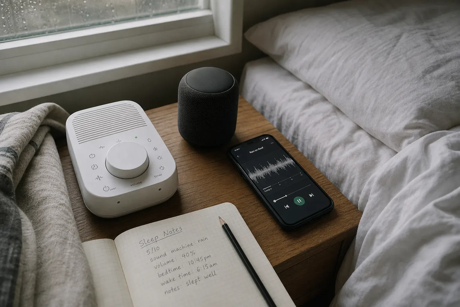 Nachttischlautsprecher und Handy spielen leises Schlafaudio