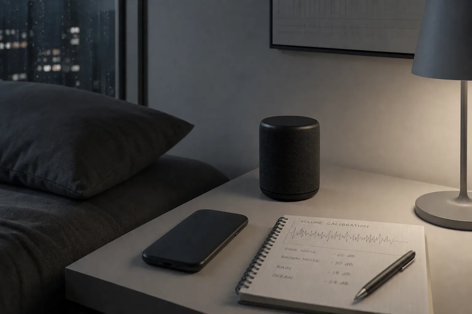Bedside speaker playing soft sleep tones at night