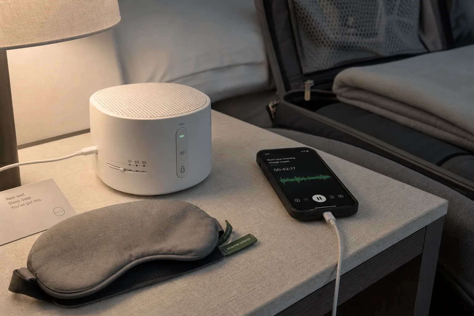 Compact white noise machine beside a travel speaker