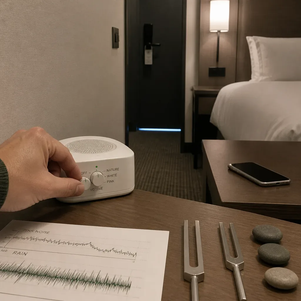 White noise machine placed near hotel room door