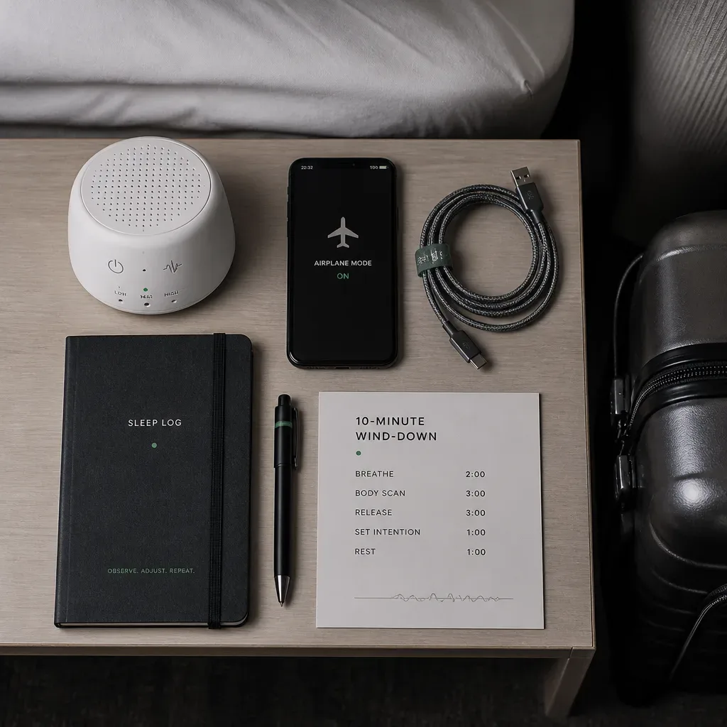 Travel sleep audio setup with timer and phone
