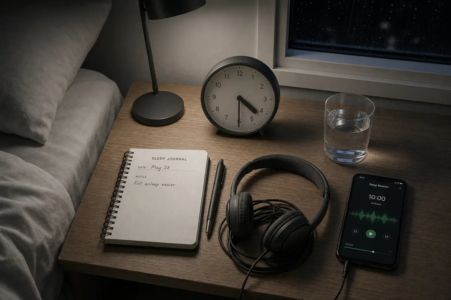 Dim bedside clock beside headphones and sleep journal