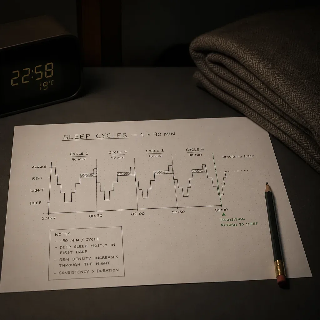 Sleep cycle diagram beside a dim alarm clock