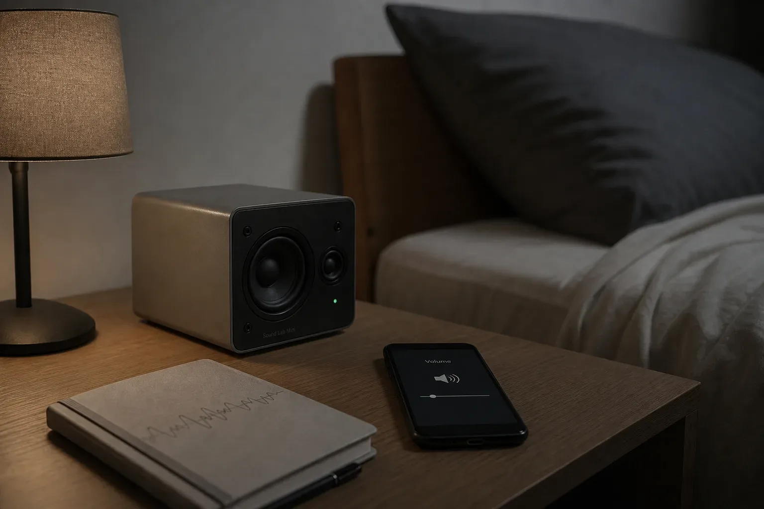 Bedside speaker playing soft noise beside a dim lamp