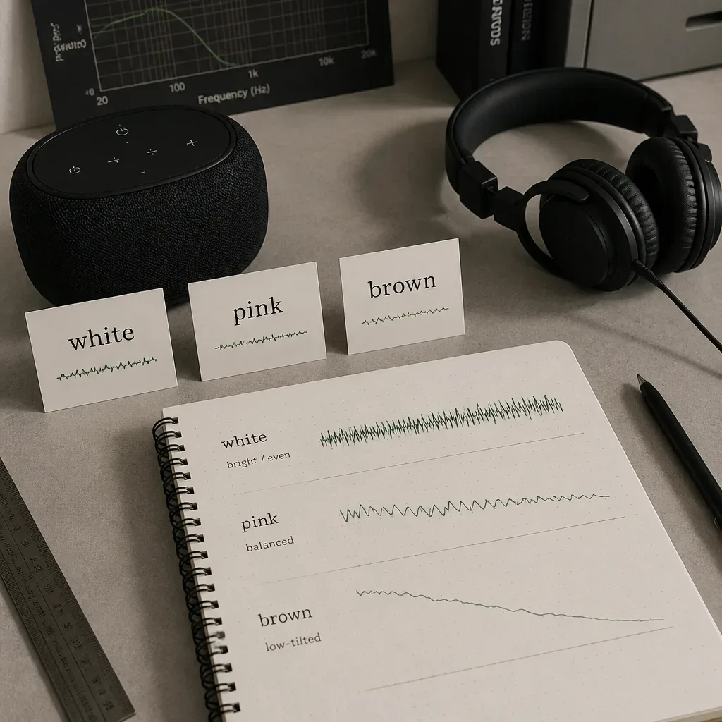 Cards comparing white pink and brown noise choices
