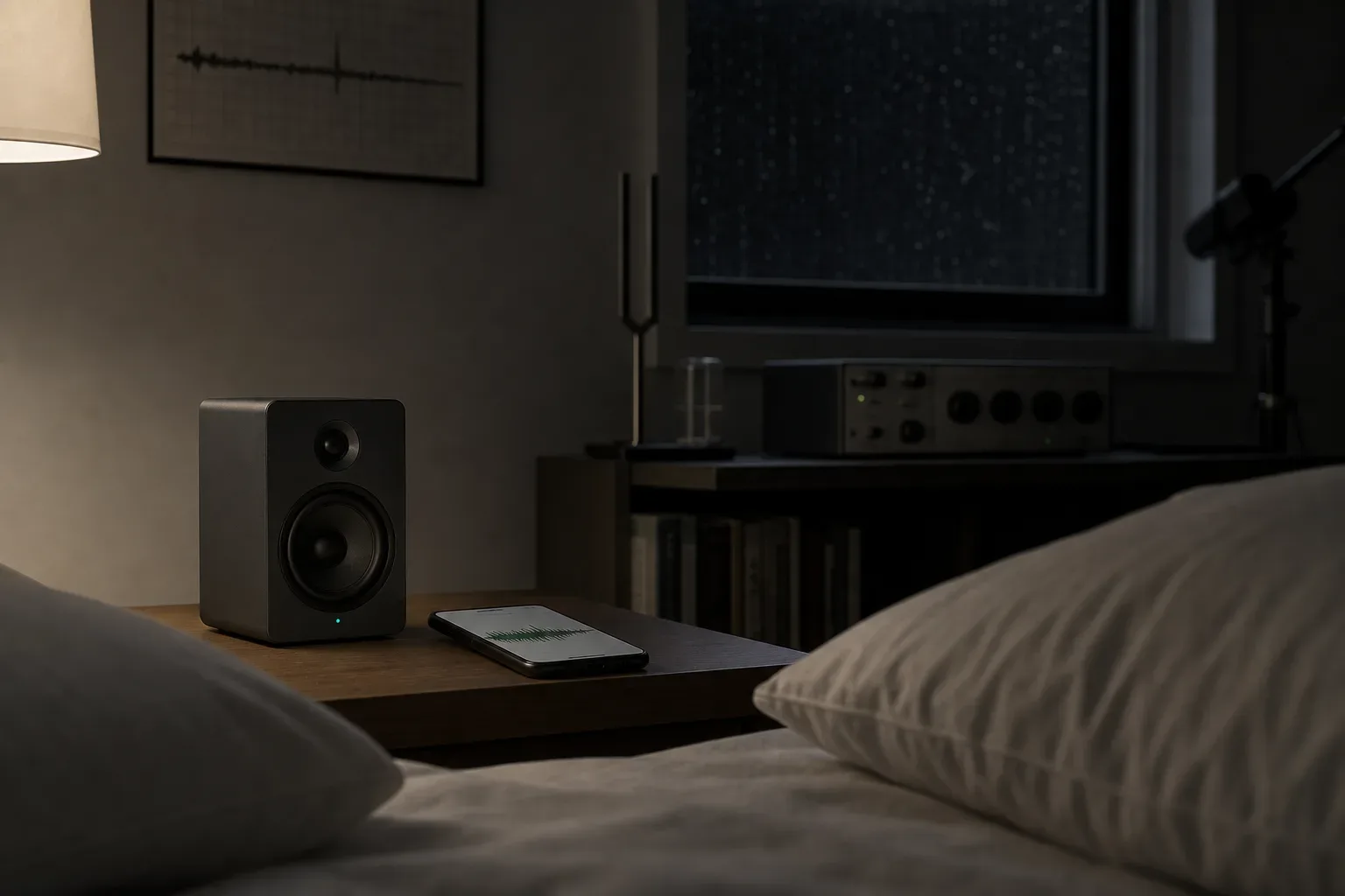 Bedside speaker playing soft noise beside a sleeping room