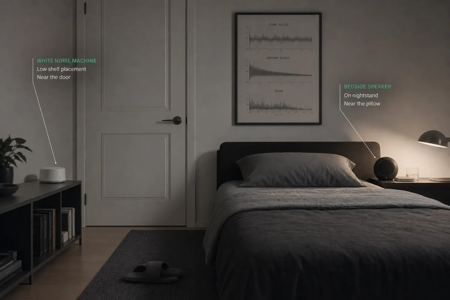 White noise machine placed away from bedside speaker