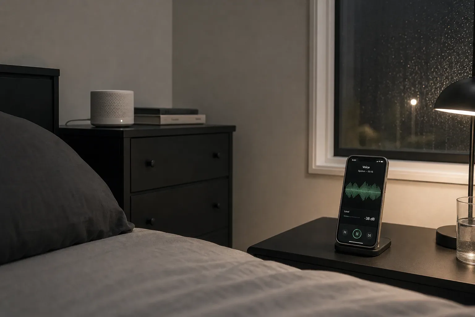 Bedside speaker beside phone with low volume meters