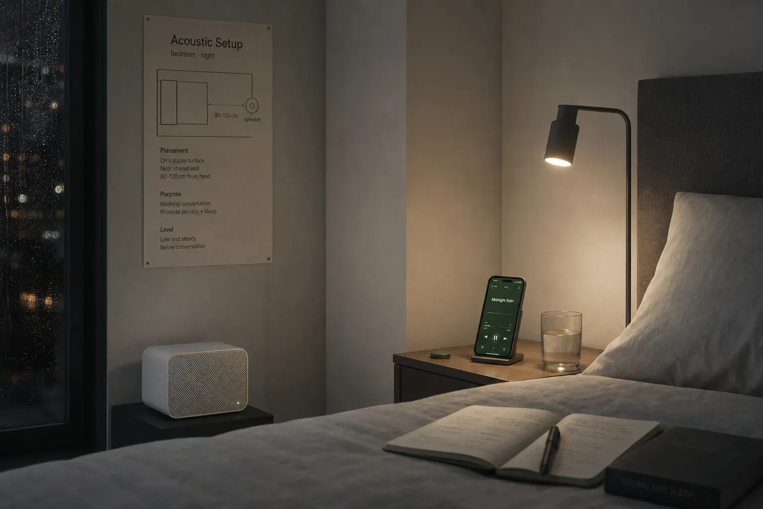 Bedside speaker masking apartment noise at night