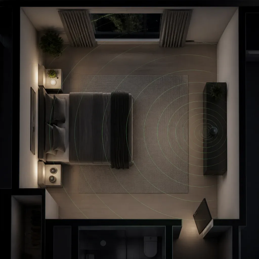 Bedroom layout reducing neighbor noise paths