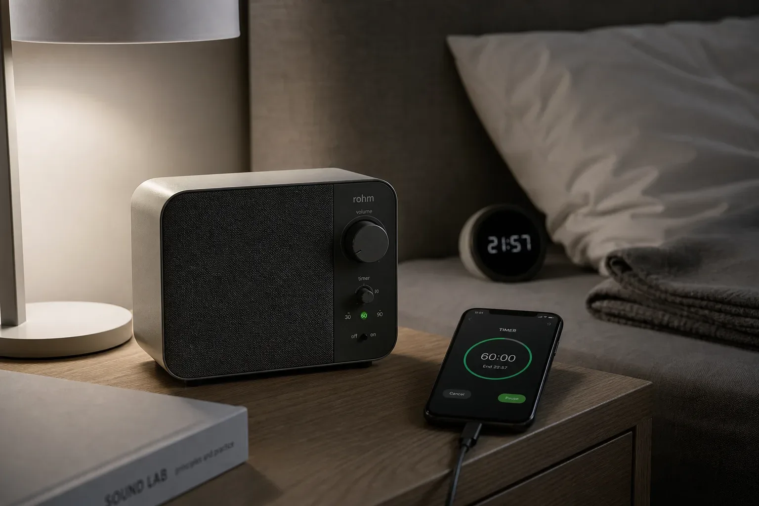 Bedside speaker with soft timer light at night