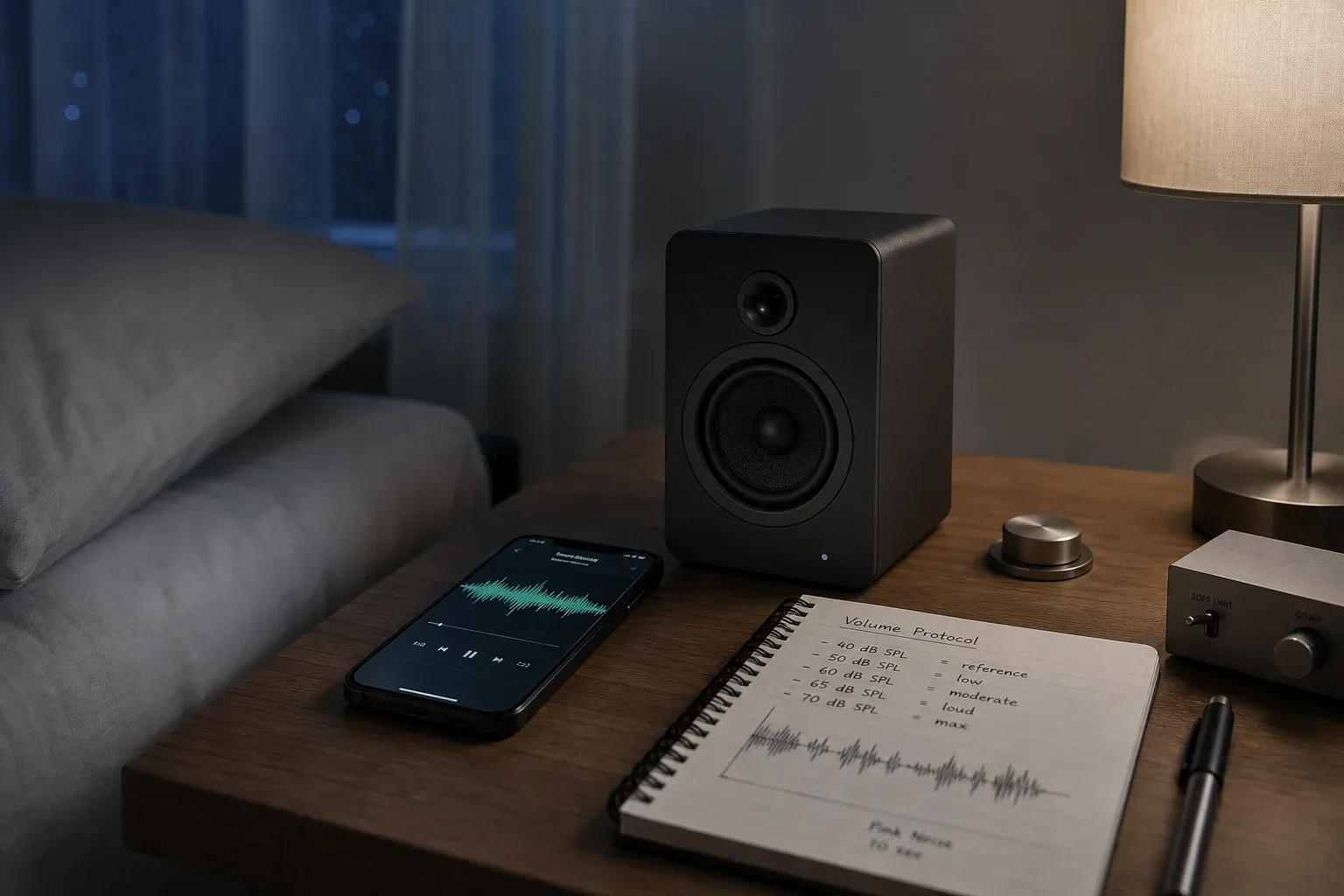 Speaker di samping tempat tidur memutar noise pelan di bawah audio malam