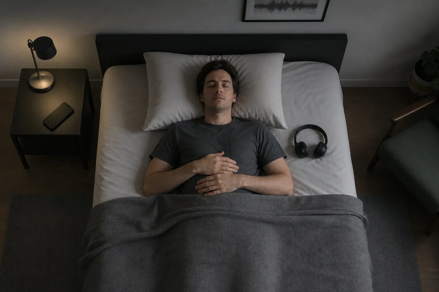 Person resting with headphones in a dim room