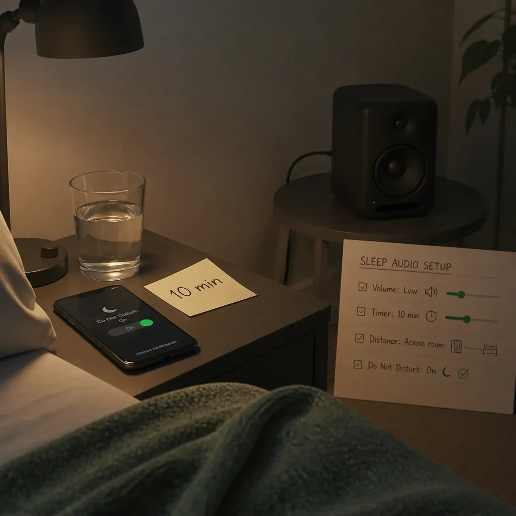 Bedside phone speaker and dim lamp before sleep