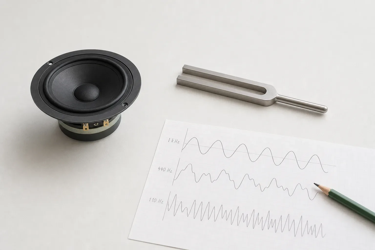 A clean workbench with a speaker cone, a tuning fork, and a sheet of waveform traces.