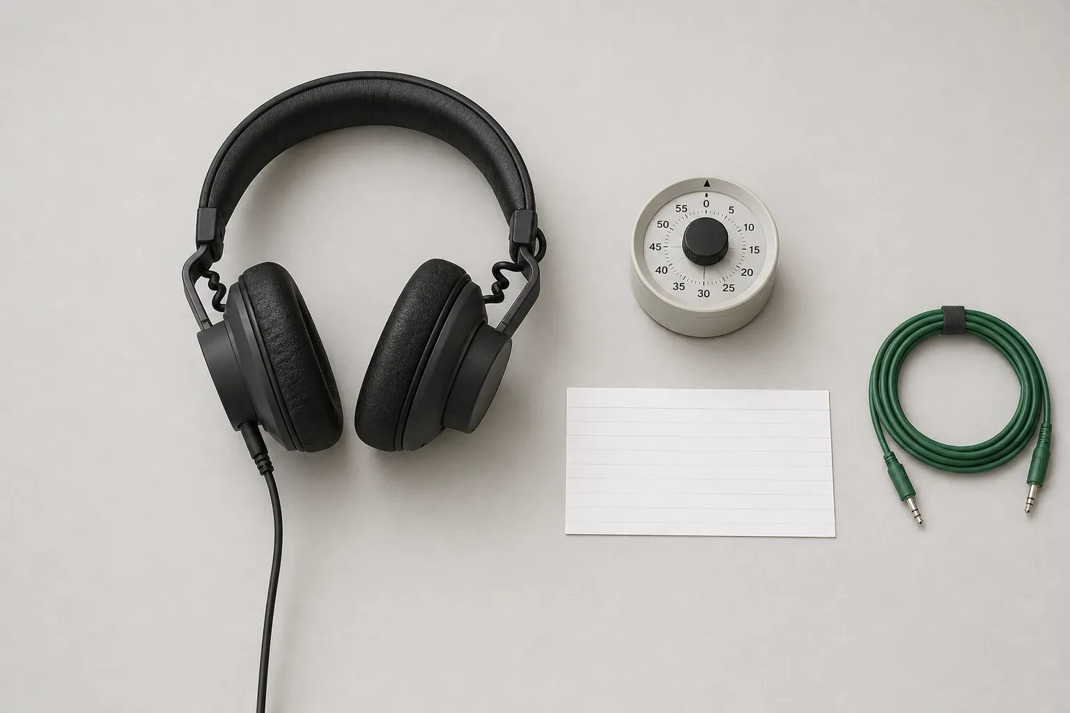 A pair of studio headphones on a pale grey table beside a small analog timer.